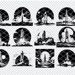 May include: A set of 12 black and white illustrations of a rocket launching into space. The rocket is surrounded by stars and a moon. The illustrations are in a circular shape and have a grunge effect.