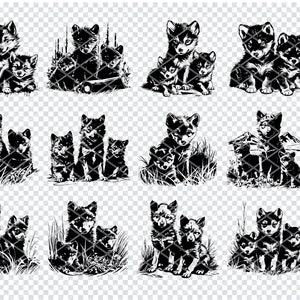 May include: Black and white illustrations of wolf families in various poses. The images depict adult wolves with their pups, some in grassy settings, others with trees or mountains. The right side of the image has the text "SVG, PNG, DXF, EPS".