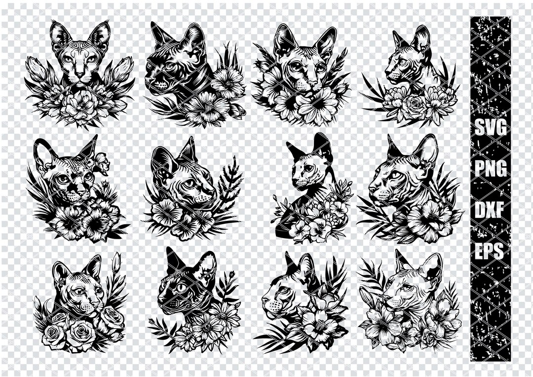Sphynx Cat Digital Art Print, Floral Cat Wall Decor, Sphynx Cat ...