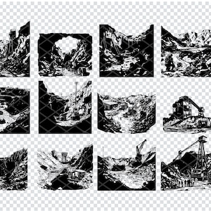 Könnte beinhalten: Schwarz-Weiß-Digitalillustrationen von Industrielandschaften, darunter Steinbrüche und Baustellen. Die Bilder zeigen schwere Maschinen, Gebäude und Figuren, mit Dateitypoptionen: SVG, PNG, DXF und EPS.