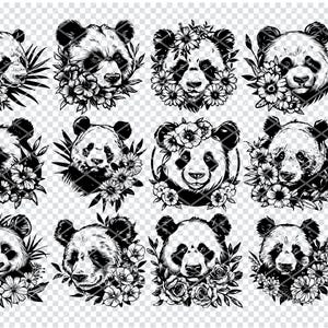Panda Bear Art Print, Black and White Animal Decor, Floral Panda Illustration, Nature Themed Wall Art, Digital Download Poster