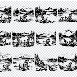 LAKE ADIRONDACK STOEL Svg, Lake Adirondack stoel landschap Svg-bestanden voor Cricut, Lake Camp Clipart, Laser Cut-bestanden