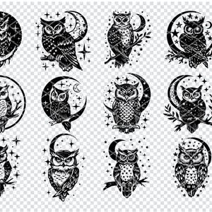 Mystical Owl Wall Art, Digital Download, Starry Night Owl Print, Black and White Owl Illustration, Printable Art, Owl Poster Décor