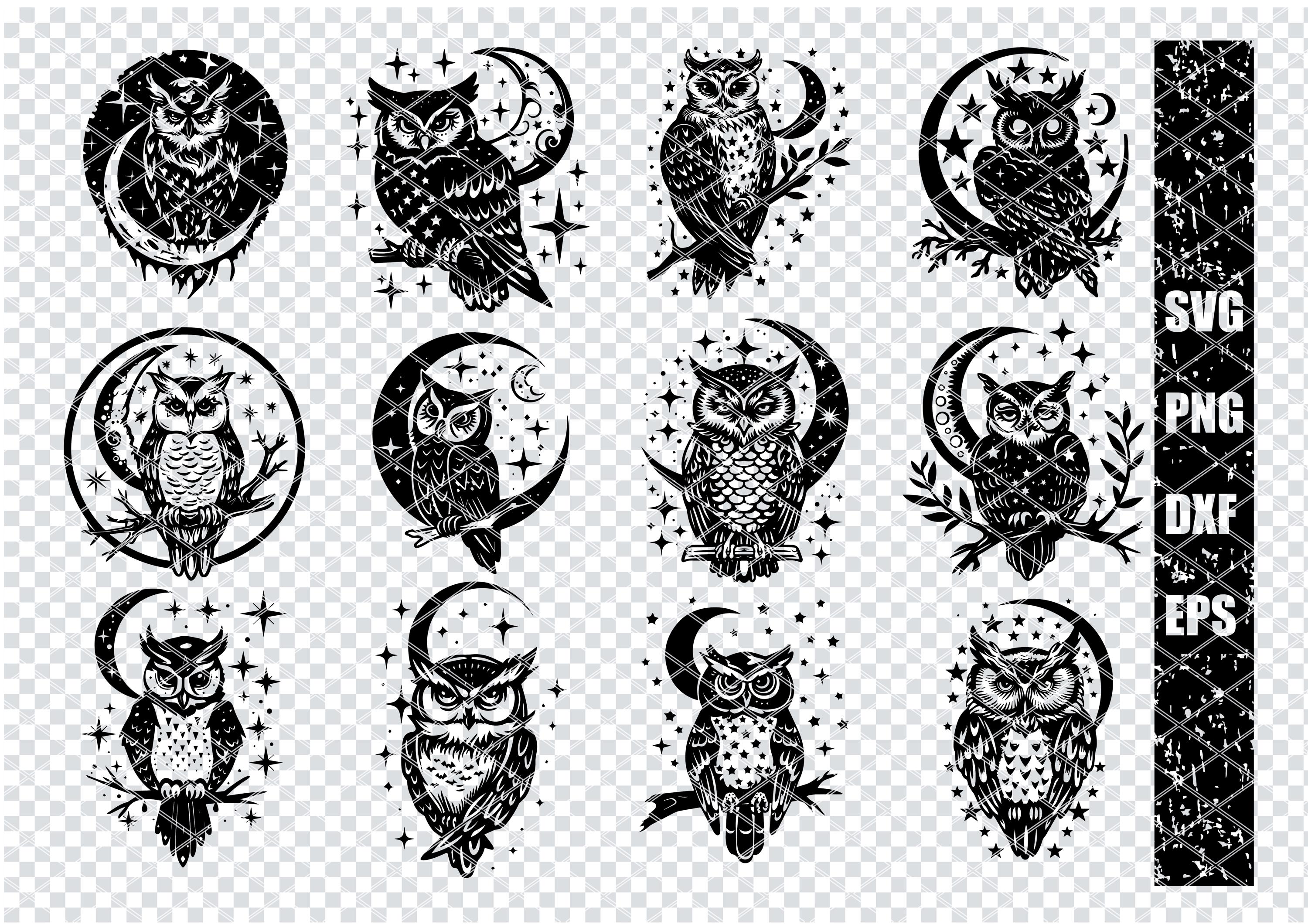 Mystical Owl Wall Art, Digital Download, Starry Night Owl Print, Black and White Owl Illustration, P