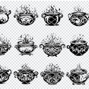 May include: A set of twelve black and white illustrations of cauldrons with flames and smoke. The cauldrons are decorated with intricate designs.