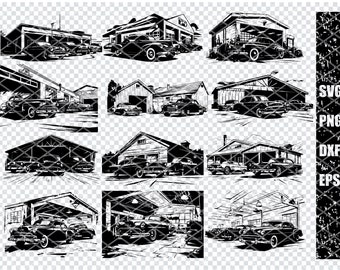 GARAJE DE REPARACIÓN DE COCHES SVG, Archivos SVG de garaje de reparación de automóviles para Cricut, imágenes prediseñadas de servicio de garaje, archivos cortados con láser