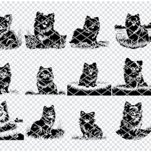 Puede incluir: Un conjunto de diez imágenes en silueta en blanco y negro de un perro pequeño, posiblemente un chihuahua, en varias poses. El perro se muestra sentado, de pie y acostado. Las imágenes son adecuadas para usar en manualidades, scrapbooking o diseño digital.