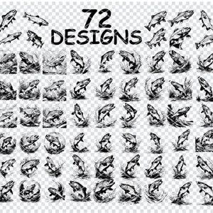 May include: 72 black and white illustrations of a fish jumping out of the water. The fish are drawn in a simple, stylized manner. The illustrations are perfect for use in a variety of projects, such as scrapbooking, card making, and digital design.