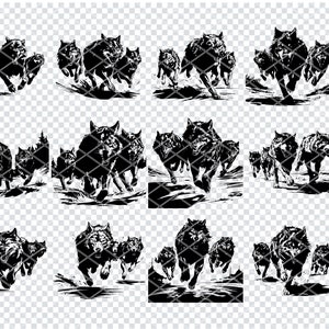 Puede incluir: Silueta en blanco y negro de una manada de lobos corriendo. Los lobos están en línea, con el líder al frente. Los lobos corren por un bosque, con árboles y arbustos en el fondo.