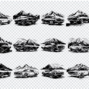May include: A set of ten black and white vector illustrations of muscle cars driving through mountain landscapes. Each illustration features a different angle of the car and mountain scenery.