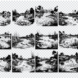Puede incluir: Un conjunto de gráficos vectoriales en blanco y negro que representan escenas serenas de ríos y lagos. Cada imagen muestra ilustraciones detalladas de agua, vegetación y elementos naturales, adecuadas para diversos proyectos de diseño. Incluye formatos SVG, PNG, DXF y EPS.