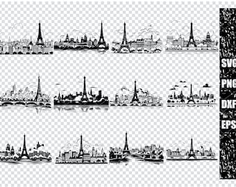 パリのスカイライン SVG、クリカット用パリの風景 SVG ファイル、パリの都市景観、レーザーカット ファイル