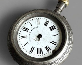 Antique Silver Pocket Watch, Engraved Case, For Parts or Repair, Steampunk Collectible