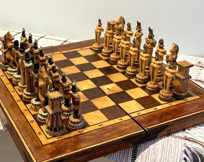 Large wood carving chess pieces with box, Luxury wooden chess pieces and case Hand carved chess set Handmade Chess Set Pieces