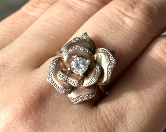 Vintage Gold Plated Sterling Silver Rose Ring (Size 21 mm)