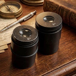 Puede incluir: Dos lentes de aumento negras de estilo vintage, con aumento 8x, sobre una superficie de madera, junto a una br&uacute;jula, un bol&iacute;grafo y un libro. Las lentes tienen un dise&ntilde;o circular. La escena evoca la exploraci&oacute;n y el descubrimiento.