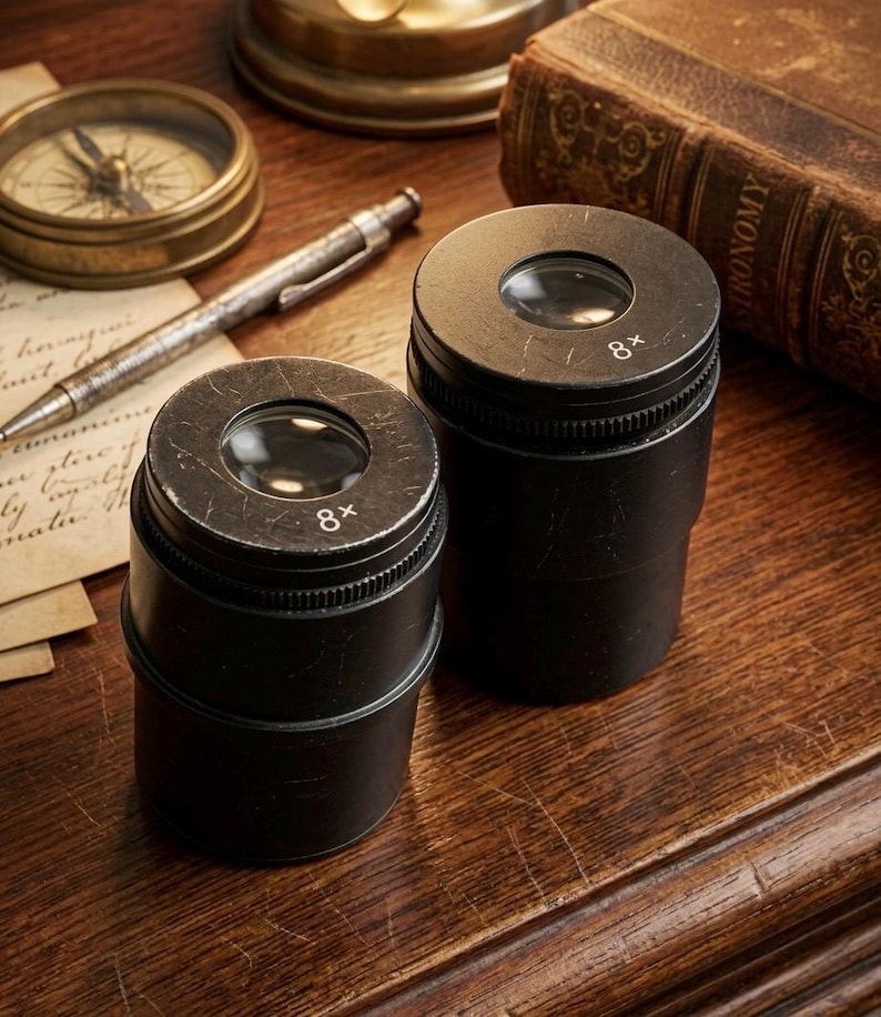 Puede incluir: Dos lentes de aumento negras de estilo vintage, con aumento 8x, sobre una superficie de madera, junto a una br&uacute;jula, un bol&iacute;grafo y un libro. Las lentes tienen un dise&ntilde;o circular. La escena evoca la exploraci&oacute;n y el descubrimiento.