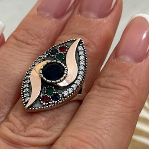 Anillo vintage de estilo turco con marquesa, piedra azul, bronce en plata 925, talla 7.5