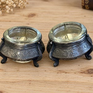 Set di 2 saliere e pepiere vintage in vetro placcato argento con decorazioni floreali.