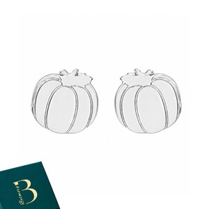 Può includere: Un paio di orecchini a lobo a forma di zucca color argento con una finitura liscia e riflettente. Gli orecchini presentano un design arrotondato e segmentato con un piccolo stelo sulla parte superiore. È presente un portagioie quadrato verde scuro con il testo dorato Belmory.