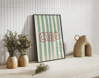 Ciao Stripe Print: Italian Quote, Green & Red Modern Wall Art (Digital Download)