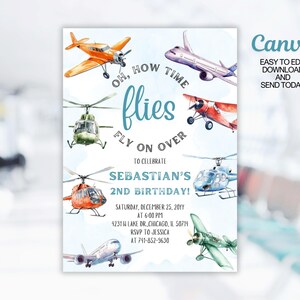 Invitation de fête d'anniversaire avion, modèle d'invitation d'anniversaire éditable Time Flies, modèle de fête d'avion, imprimable, toile