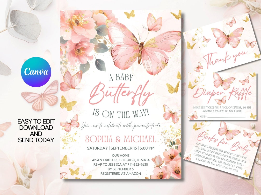 Editable Butterfly Baby Shower Invitation With Flowers, Invitation ...