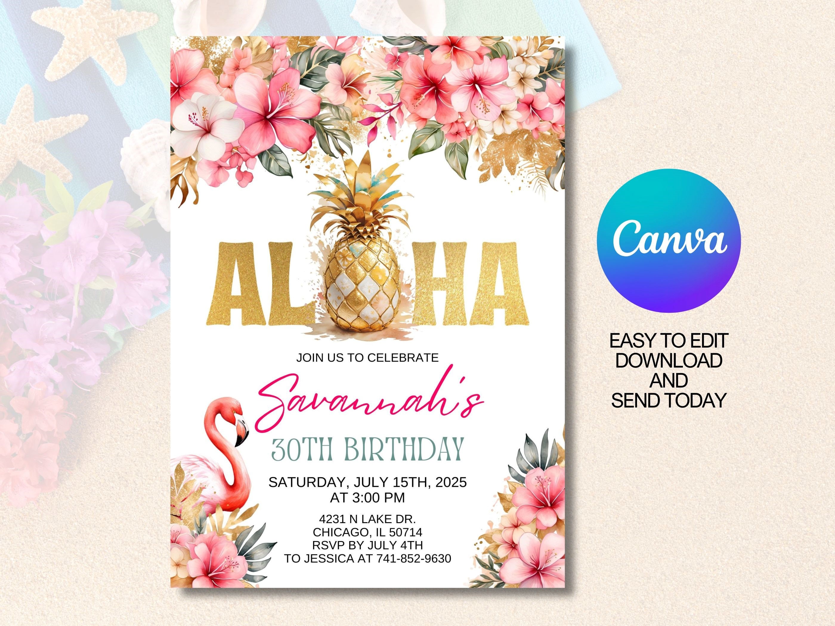 Editable Aloha Birthday Invitation, Hawaiian Birthday Invitation ...