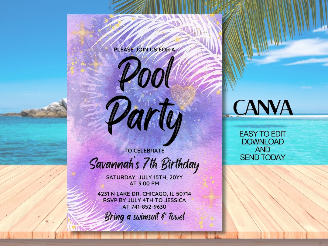 Editable Pool Party Birthday Invitation, Hawaiian Pool Party Invitation Editable Pool Party Birthday Invitation, Hawaiian Pool Party Invitation