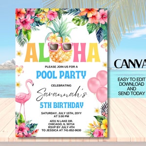 Aloha Pool Party Geburtstagseinladung, Bearbeitbare Hawaiianische Pool-Party Einladung Vorlage, Canva