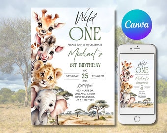 Editable Safari Birthday Invitation, Wild One 1st Birthday Invite, Jungle Animals invitations, Printable, Canva