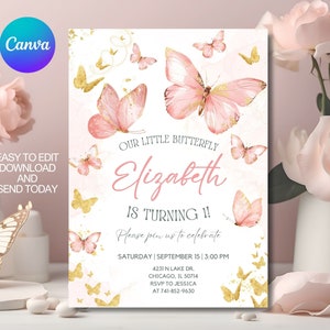Editable Butterfly 1st Birthday Invitation, Girl pink Butterfly Birthday Party invite template, First Birthday Invitation, Canva