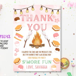 Cartão de agradecimento para festa de aniversário divertida com S'mores editável para meninas, Cartão de agradecimento para acampamento no quintal, Modelo de fogueira com S'mores, Para impressão, Canva