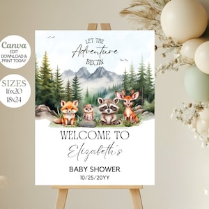 Cartel de bienvenida para baby shower editable Let the Adventure Begin, decoración para baby shower con animales del bosque, cartel de bienvenida para baby shower con temática de bosque, Canva