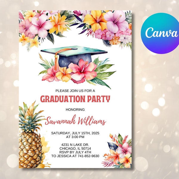 Editable Graduation Party invitation, Hawaiian Graduation Celebration invitation Template, Canva