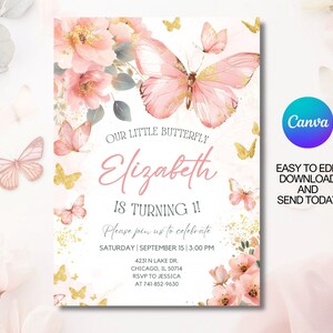Editable Butterfly 1st Birthday Invitation, Butterfly Birthday Party invite template with pink flowers, First Birthday Invitation, Canva