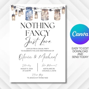 Nothing Fancy Just Love wedding invitation, Editable template with Mason Jar, Rustic wedding invitation, Canva