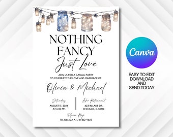 Nothing Fancy Just Love wedding invitation, Editable template with Mason Jar, Rustic wedding invitation, Canva