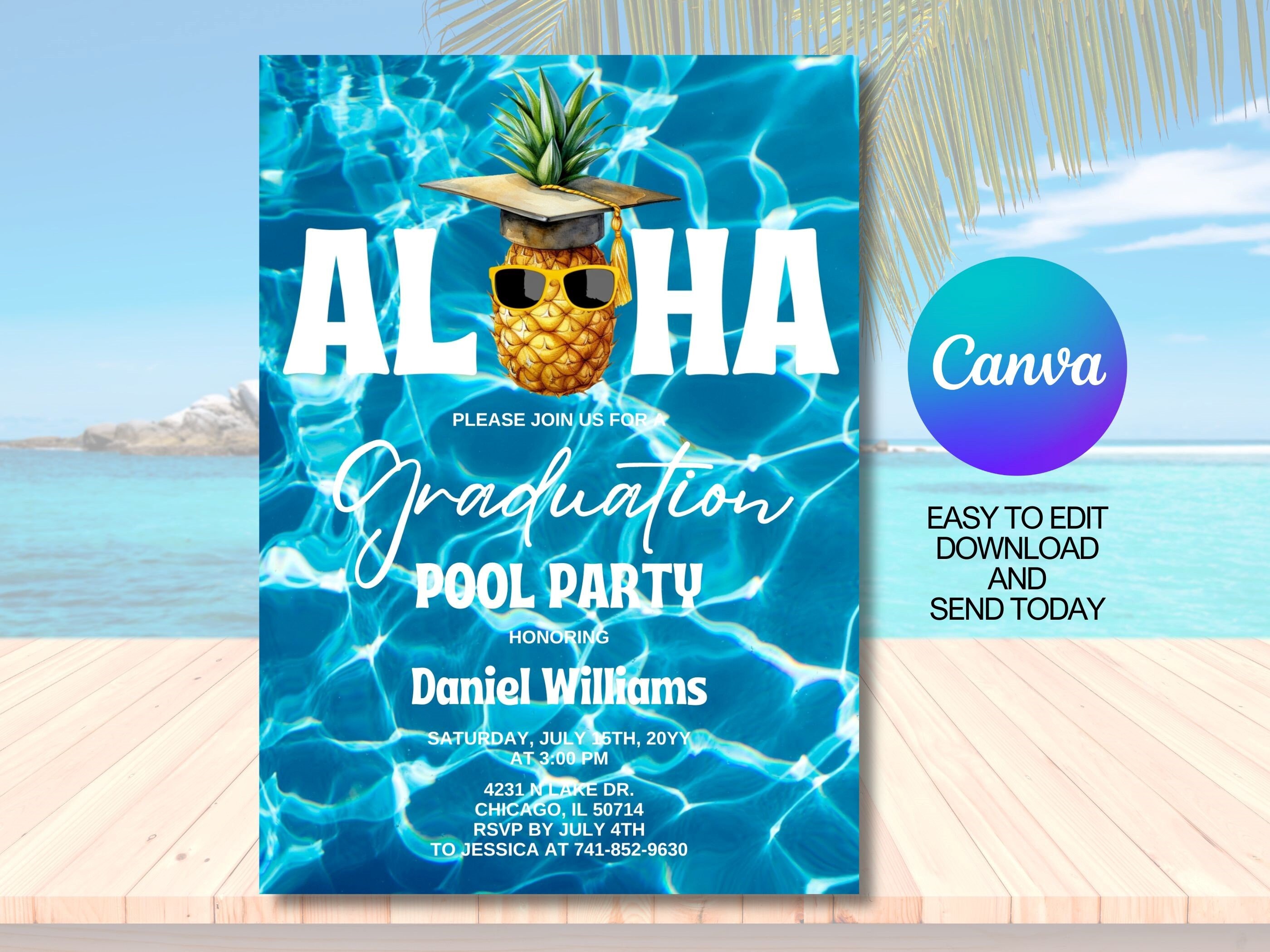 Editable Aloha Pool Party Birthday Invitation for Man, Hawaiian Pool Editable Aloha Pool Party Birthday Invitation for Man, Hawaiian Pool