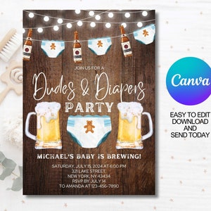 Editable Dudes and Diapers Party invitation template, Baby Shower invitation, Canva