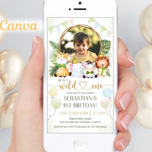 Electronic Wild One Birthday Party Invitation with photo, Template for any smartphone, Safari 1st Birthday Party invite Template, Canva