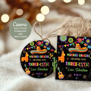 Editable Fiesta Birthday Party Sticker, Mexican Papel Picado Birthday thank tag template, Printable, Canva