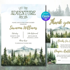 Let the Adventure Begin Baby Shower Invitation Set, Editable Invitation template, Printable, Canva