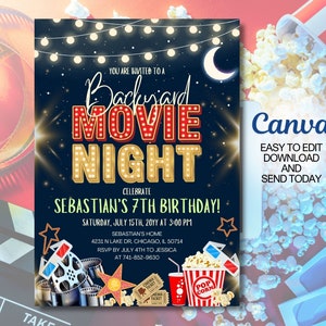 Convite de aniversário para festa de aniversário de noite de cinema no quintal, modelo editável de convite para festa de aniversário de noite de cinema, para impressão, Canva