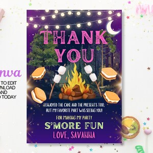 Cartão de agradecimento para festa de aniversário com amigos e diversão com S'mores editável, Cartão de agradecimento para acampamento no quintal, Fogueira de aniversário com S'mores, Para impressão, Canva