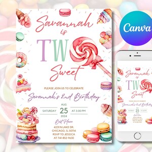 Two Sweet Birthday Invitation, Editable 2nd Donut Birthday Girl Invite Template, Canva