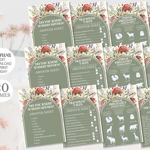 Mushroom Baby Shower Games: Wildflower Theme, 20 Game Bundle (Canva Editable, Digital Download)
