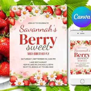 Berry Sweet Birthday Invitation, Editable Birthday Party Invite template, Strawberry Birthday Invitation, Printable, Canva