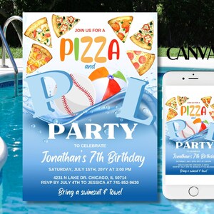 Editable Pizza and Pool Party Birthday Invitation, Pizza Pool Party ...