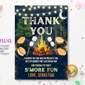 Cartão de agradecimento para festa de aniversário divertida com S'mores editável, Cartão de agradecimento para acampamento no quintal, Modelo de aniversário com fogueira com S'mores, Para impressão, Canva